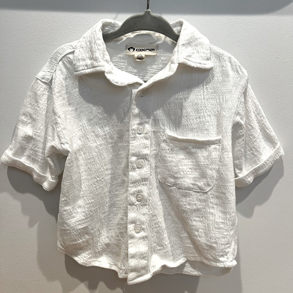 White soft linen look button up shirt